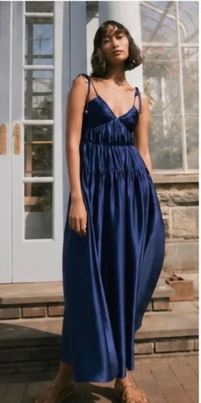 NWT Derek Lam 10 Crosby Callista Pleated Satin Midi Dress Summer Navy Size 2